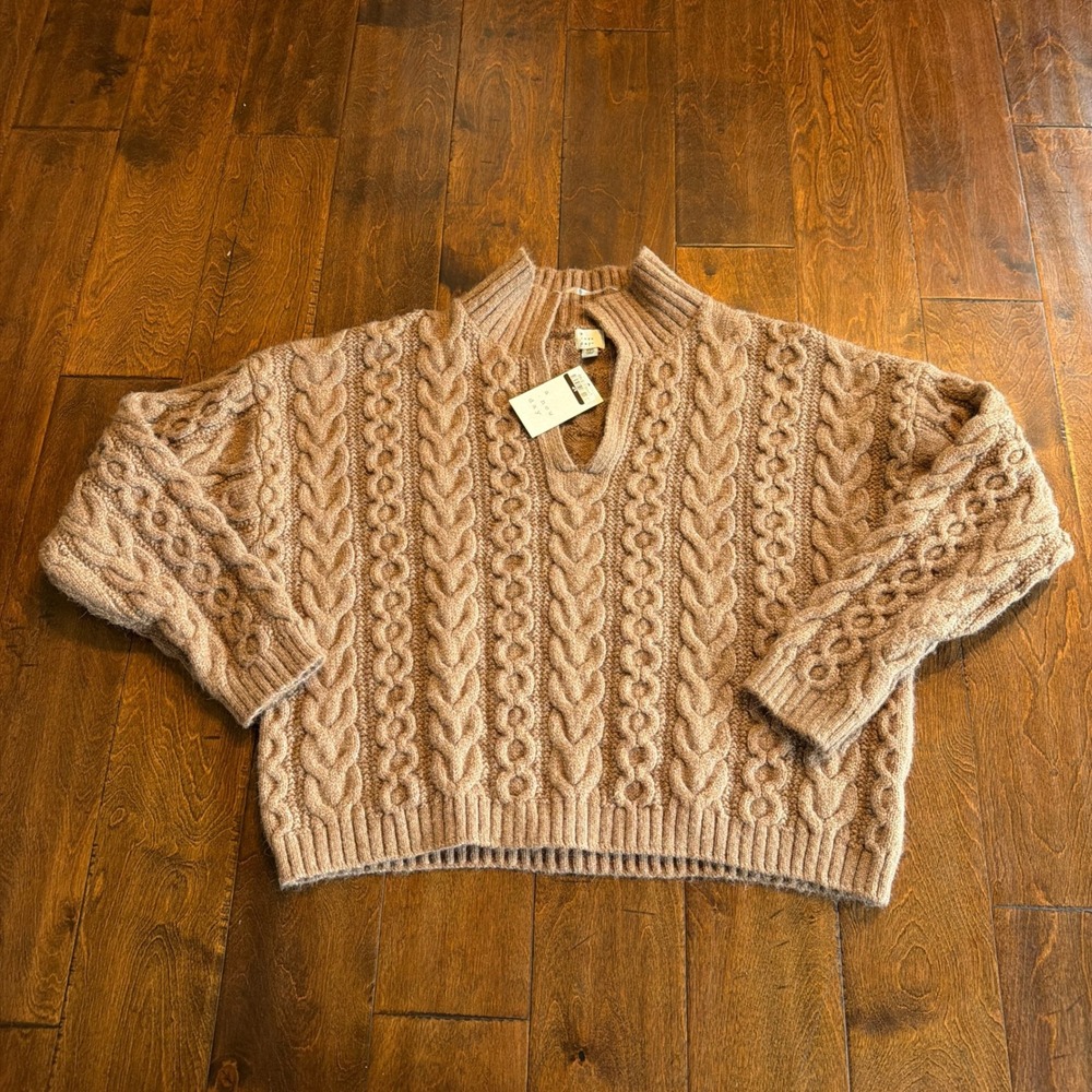 A New Day Women XXL Brown Cable Knit Split Mock Neck Thick Cozy Sweater NEW